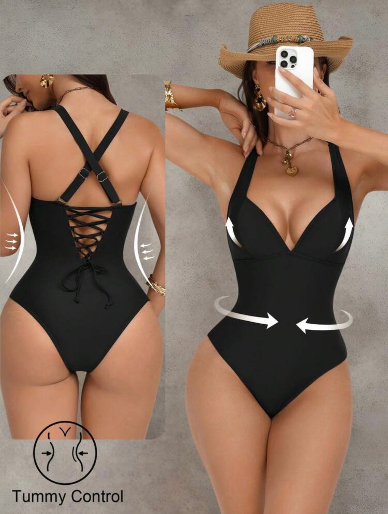 Costume da bagno intero da donna con patchwork marrone, push-up e controllo pancia, con schiena incrociata