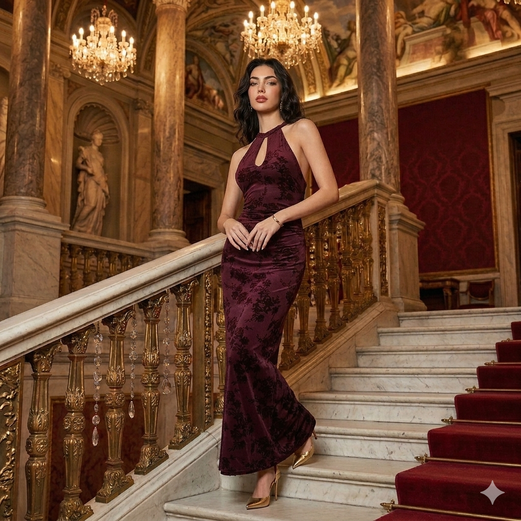 abito da donna sexy con scollo all'americana, tessuto jacquard e schiena scoperta