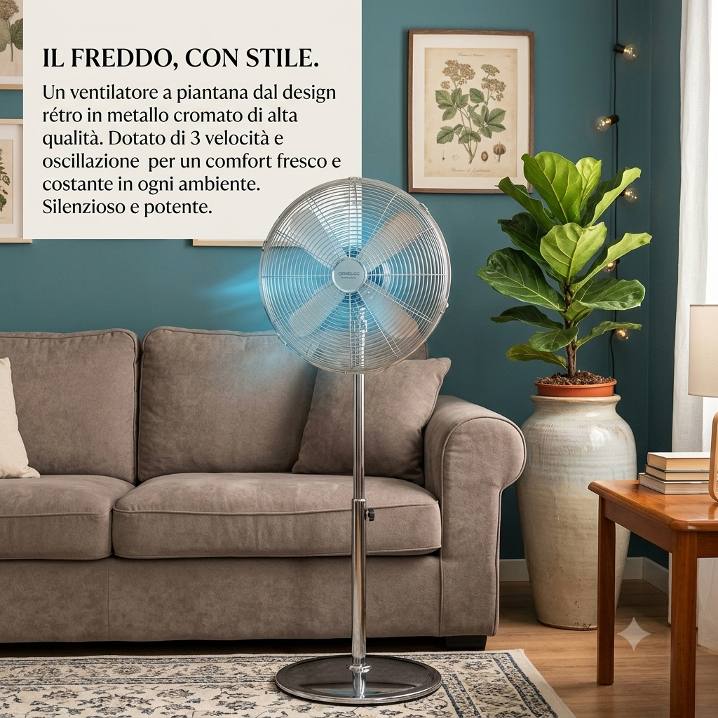 Ventilatore Vintage EnergySilence 620: Design Retro in Acciaio Cromato con Motore in Rame Ultra-Silenzioso