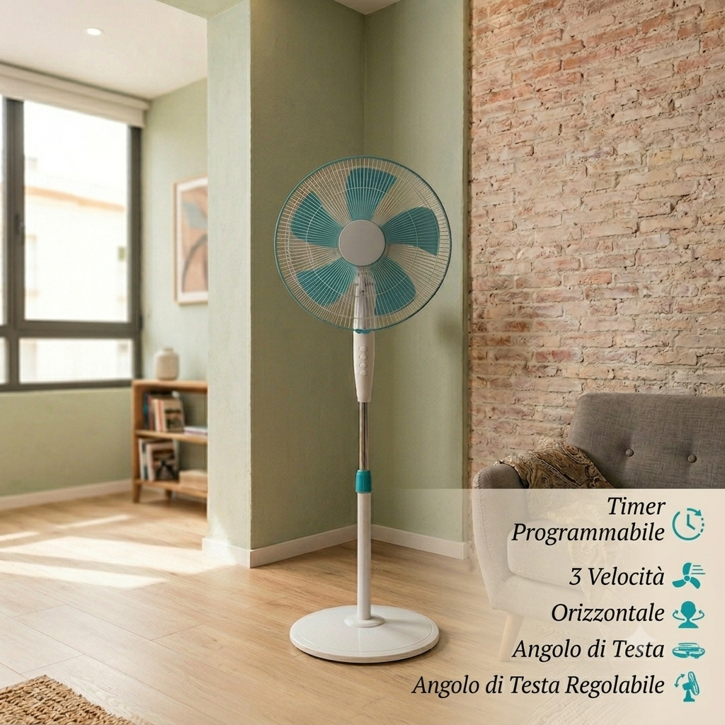 Ventilatore a Piantana 40W, 5 Pale, 3 Velocità, Oscillante e Regolabile