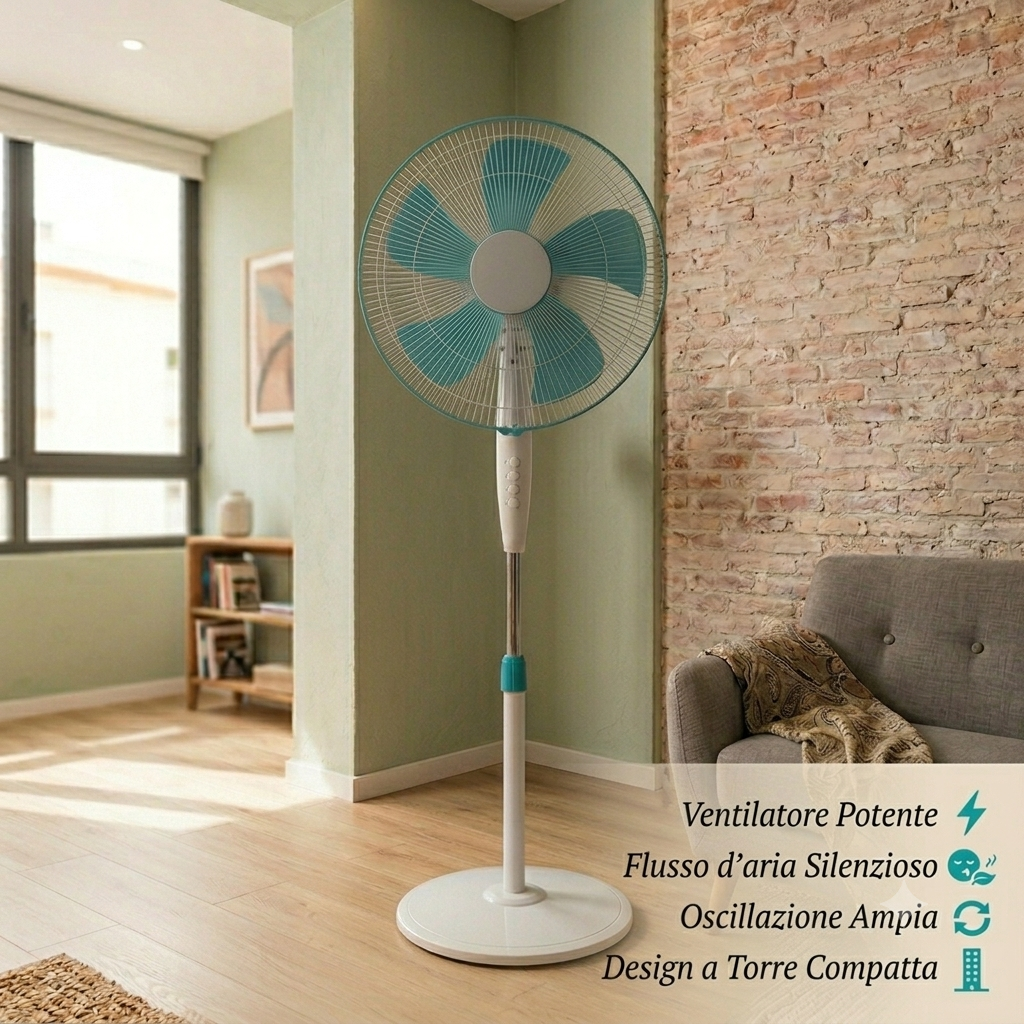 Ventilatore a Piantana 40W, 5 Pale, 3 Velocità, Oscillante e Regolabile