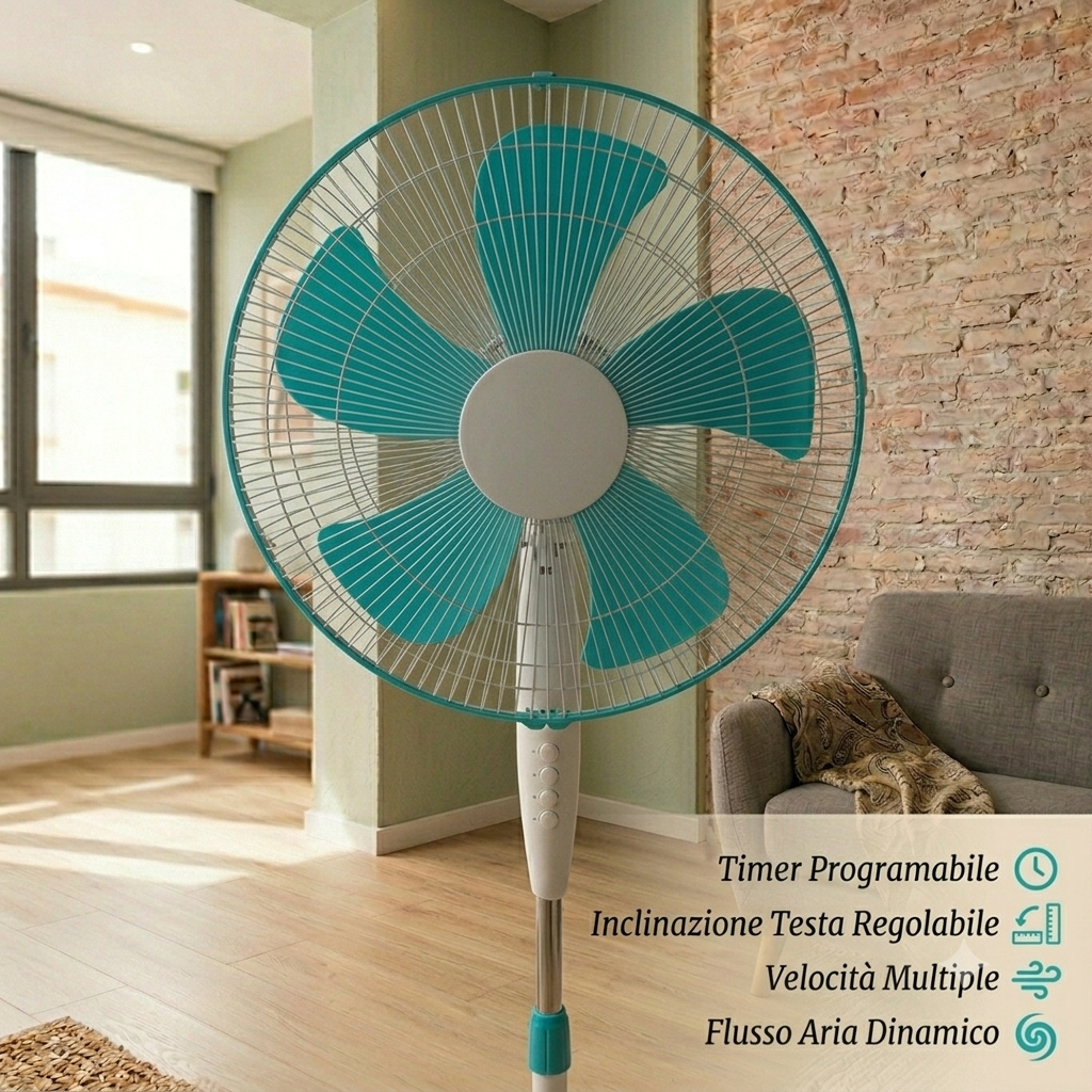 Ventilatore a Piantana 40W, 5 Pale, 3 Velocità, Oscillante e Regolabile