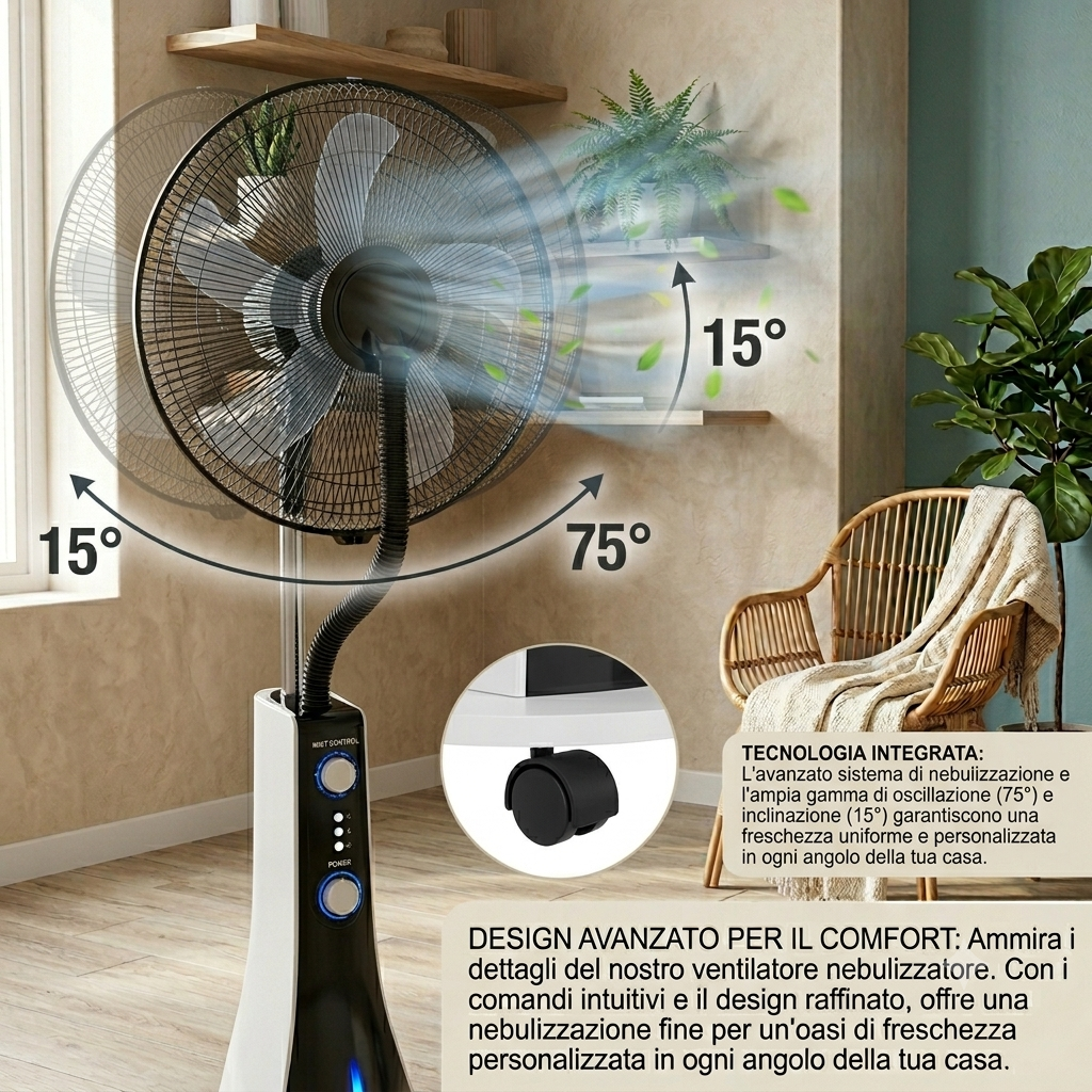 Ventilatore a Piantana con Nebulizzatore e Umidificatore, Serbatoio 3L, 3 Velocità, Timer e Telecomando