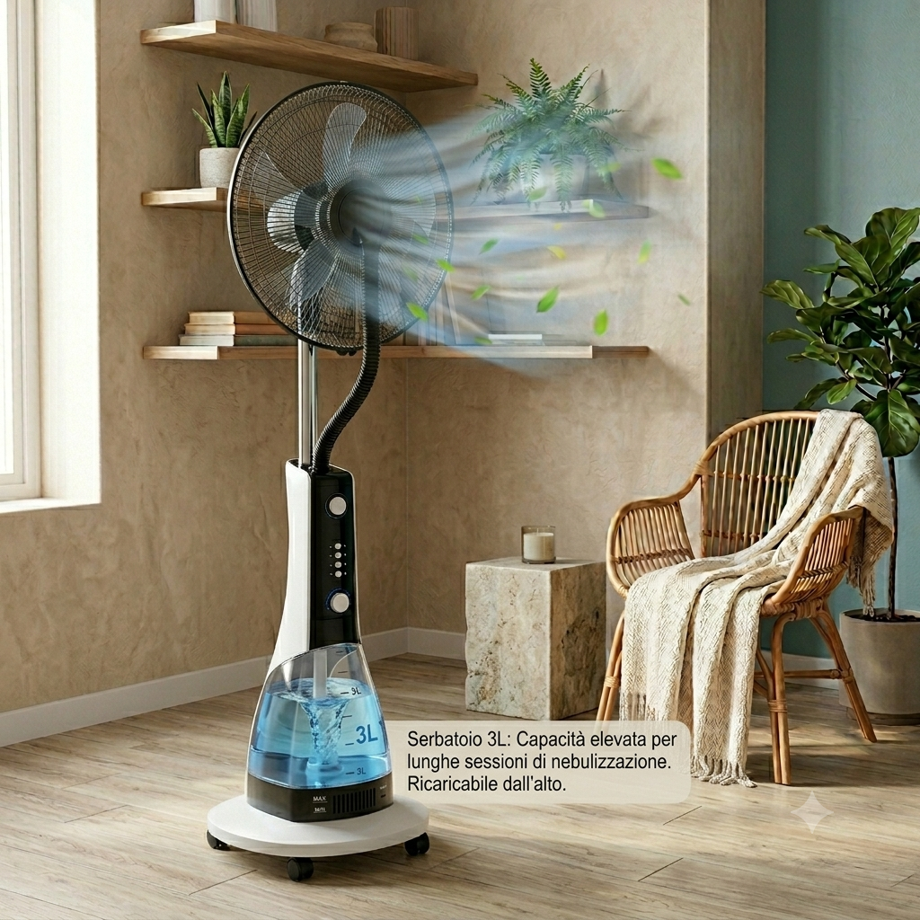 Ventilatore a Piantana con Nebulizzatore e Umidificatore, Serbatoio 3L, 3 Velocità, Timer e Telecomando