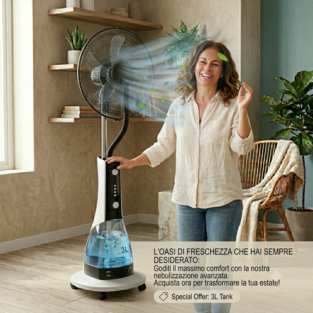 Ventilatore a Piantana con Nebulizzatore e Umidificatore, Serbatoio 3L, 3 Velocità, Timer e Telecomando