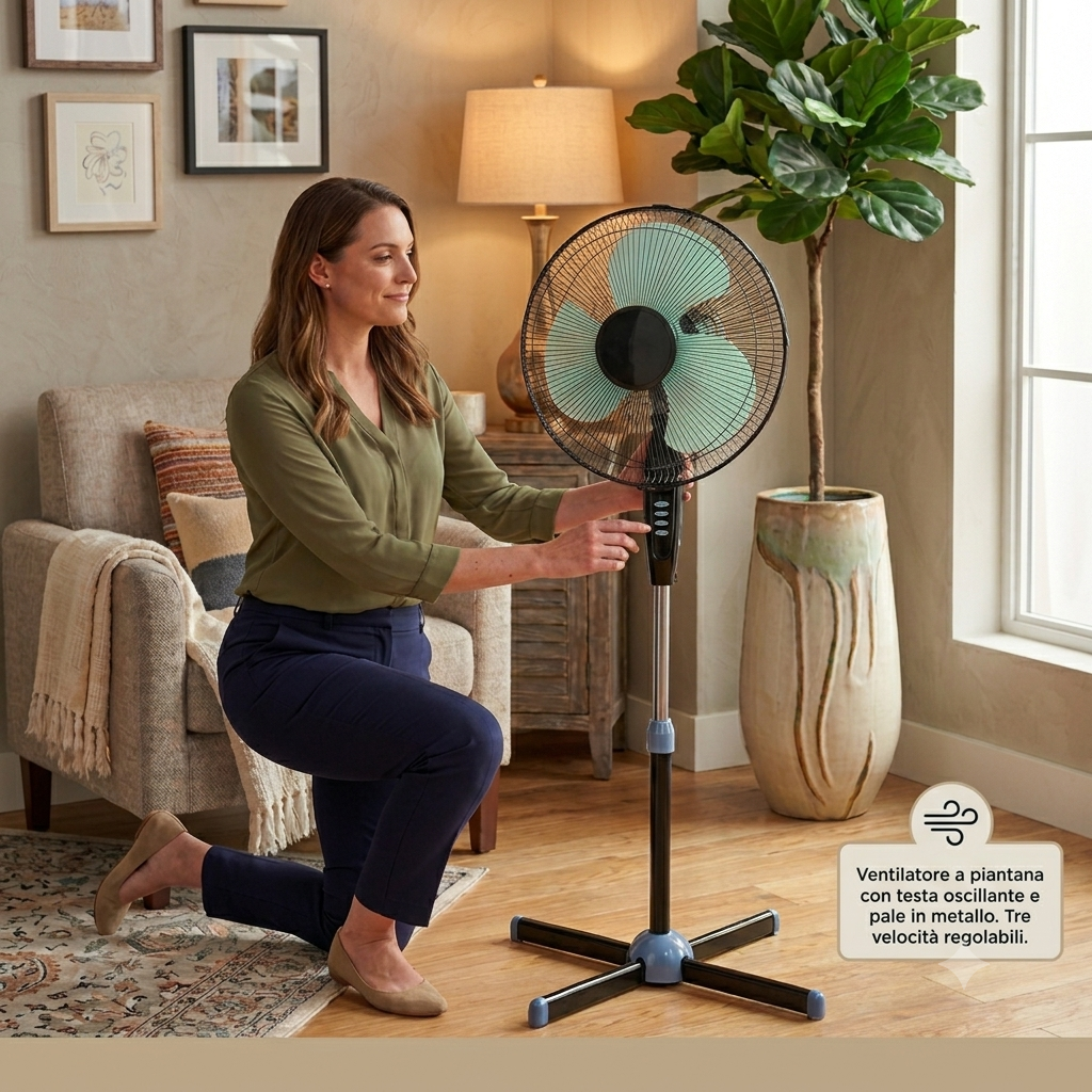 Ventilatore a Piantana 40cm - Altezza Regolabile, 3 Velocità, Oscillazione Automatica