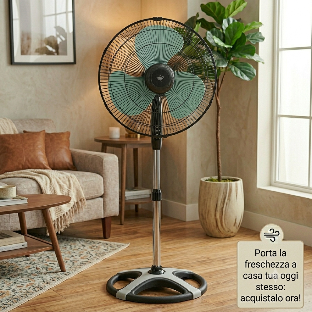 Ventilatore a Piantana 40cm - Altezza Regolabile, 3 Velocità, Oscillazione Automatica