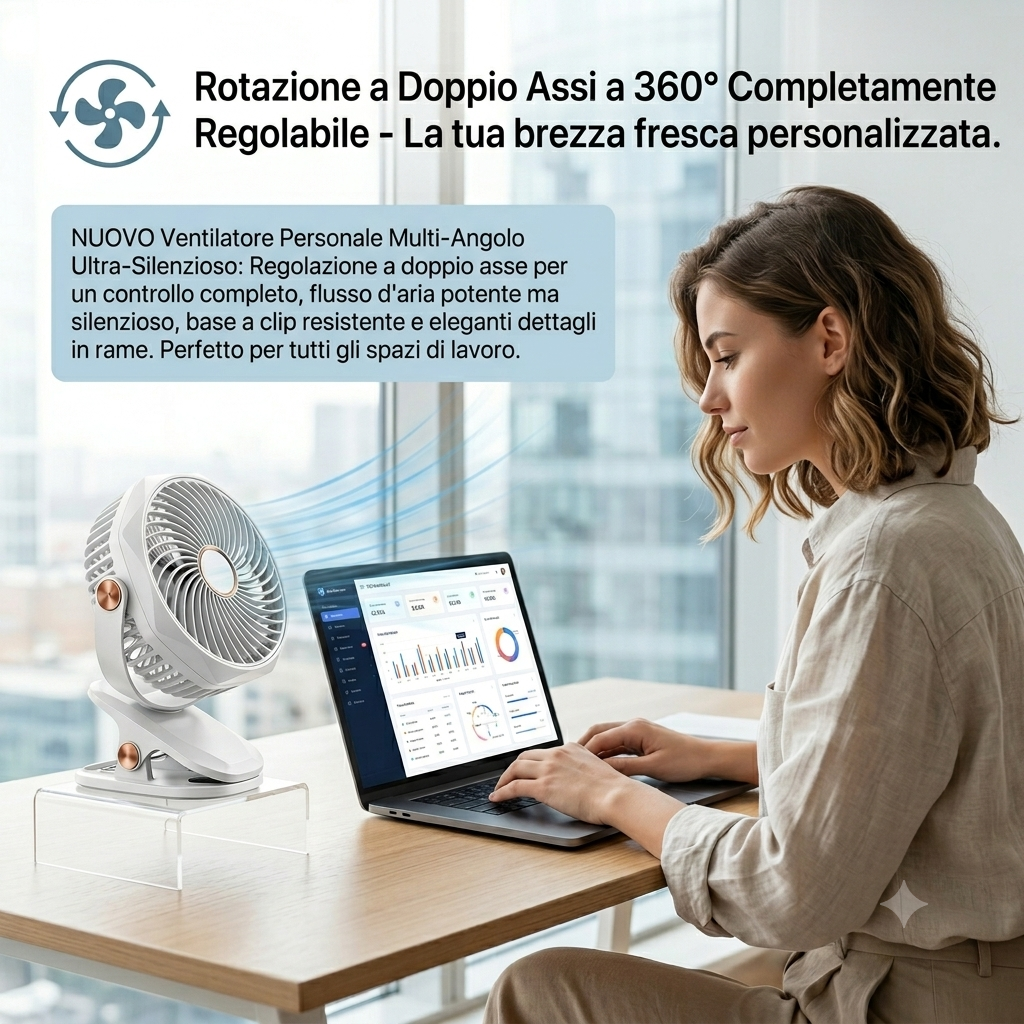 Ventilatore da Tavolo a Clip con Luce LED - Ricaricabile USB, Rotazione 360°, 3 Velocità