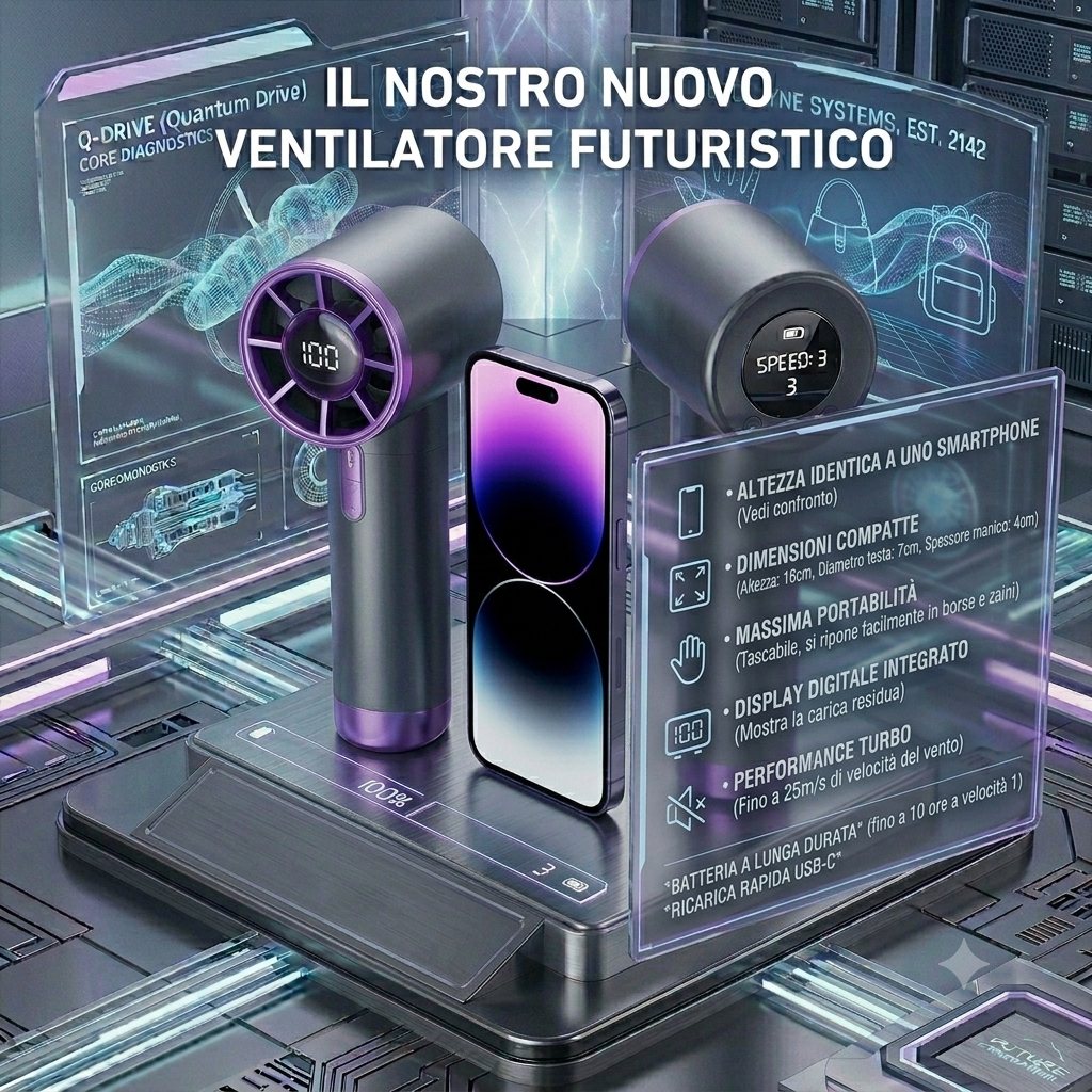 Mini Ventilatore Turbo Portatile con Display LED - 100 Velocità Regolabili, Batteria Alta Durata, Ricaricabile USB