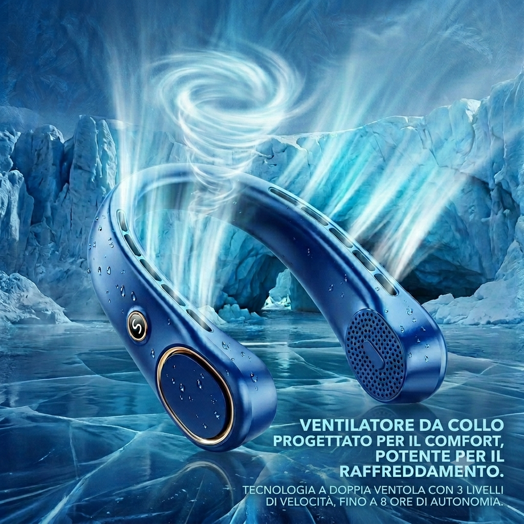Ventilatore da Collo Pro Senza Pale - Raffreddamento 360°, USB Ricaricabile, Design Ergonomico - Blu Navy