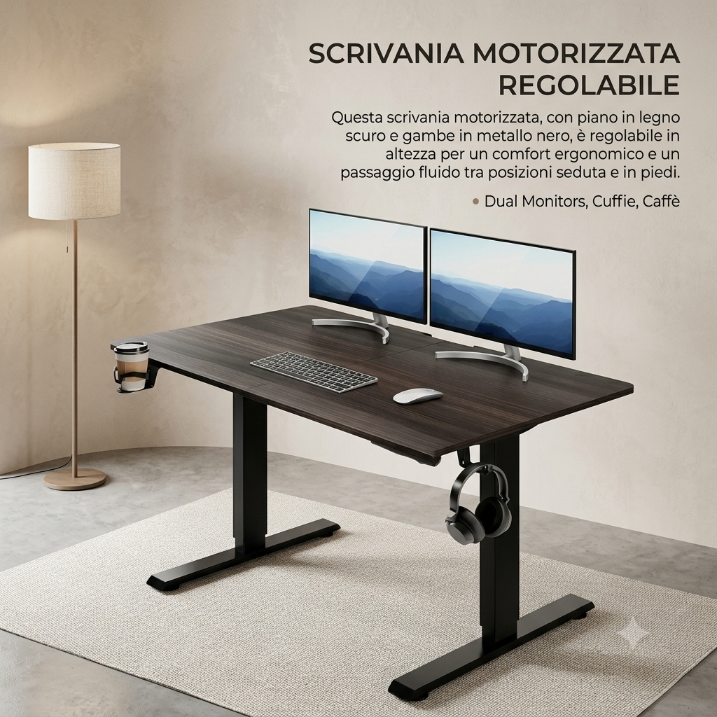 Scrivania Motorizzata Sit-Stand per Ufficio: Altezza Regolabile 73-118 cm con Gancio per Cuffie e Portabicchieri