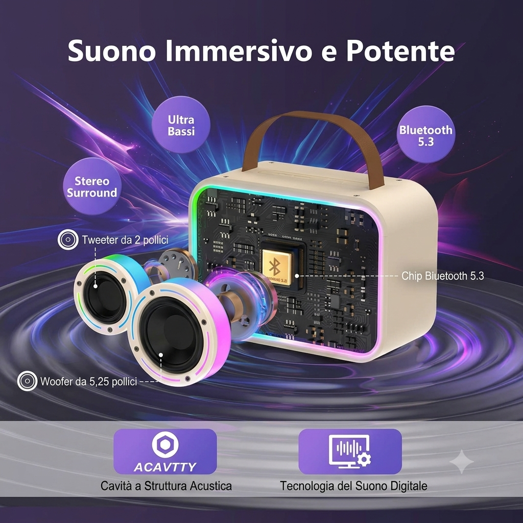 Set Karaoke Hi-Fi Bluetooth con 2 Microfoni Wireless e Luci RGB