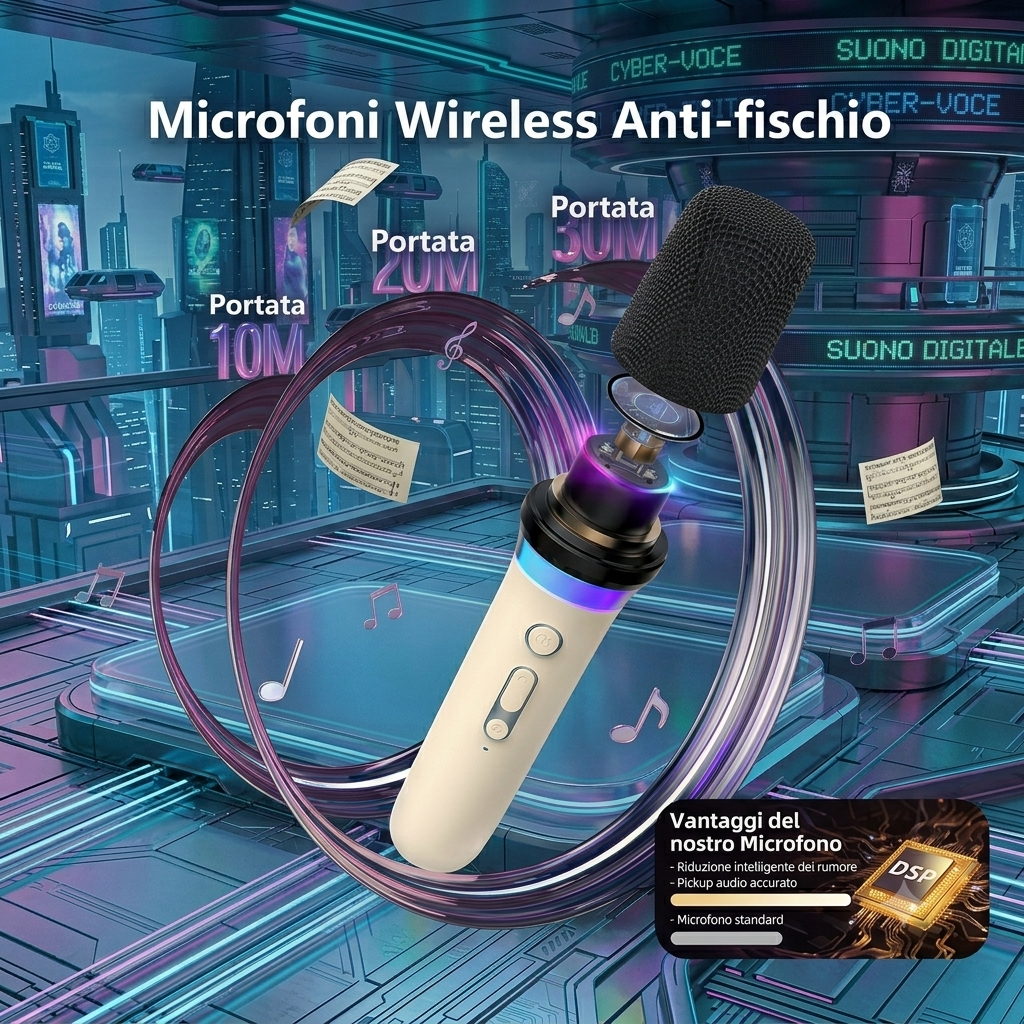 Set Karaoke Hi-Fi Bluetooth con 2 Microfoni Wireless e Luci RGB