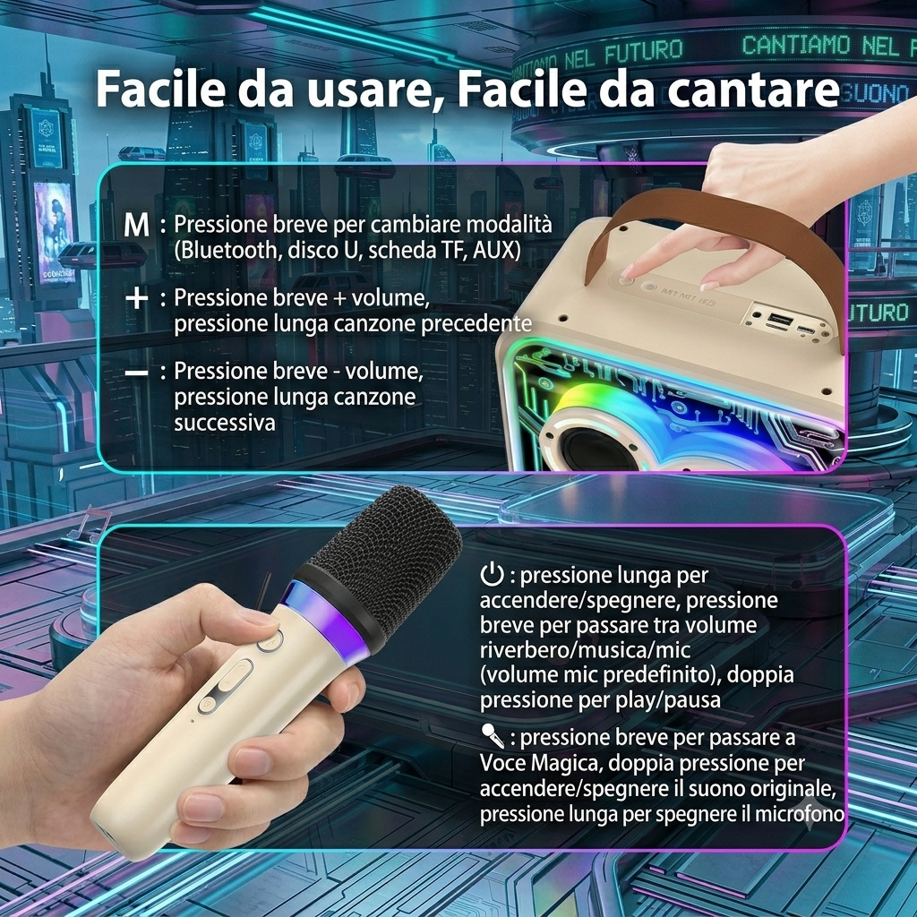 Set Karaoke Hi-Fi Bluetooth con 2 Microfoni Wireless e Luci RGB