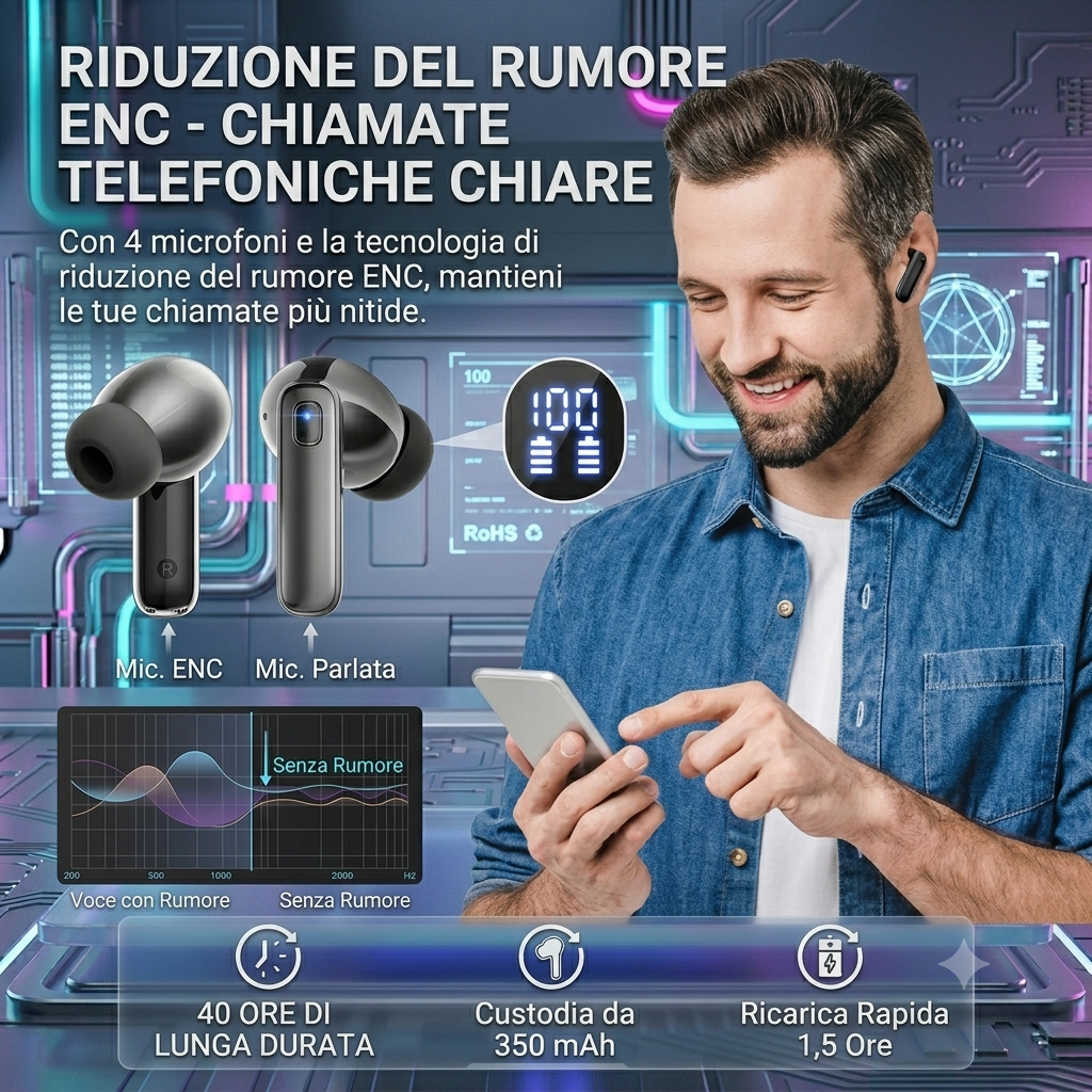 Auricolari Bluetooth 5.3 con Display LED Intelligente