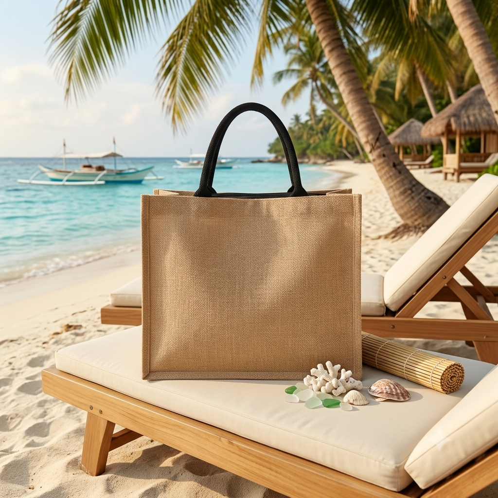 Borsa a tracolla in lino grezzo di colore beige con grande capienza adatta per il mare