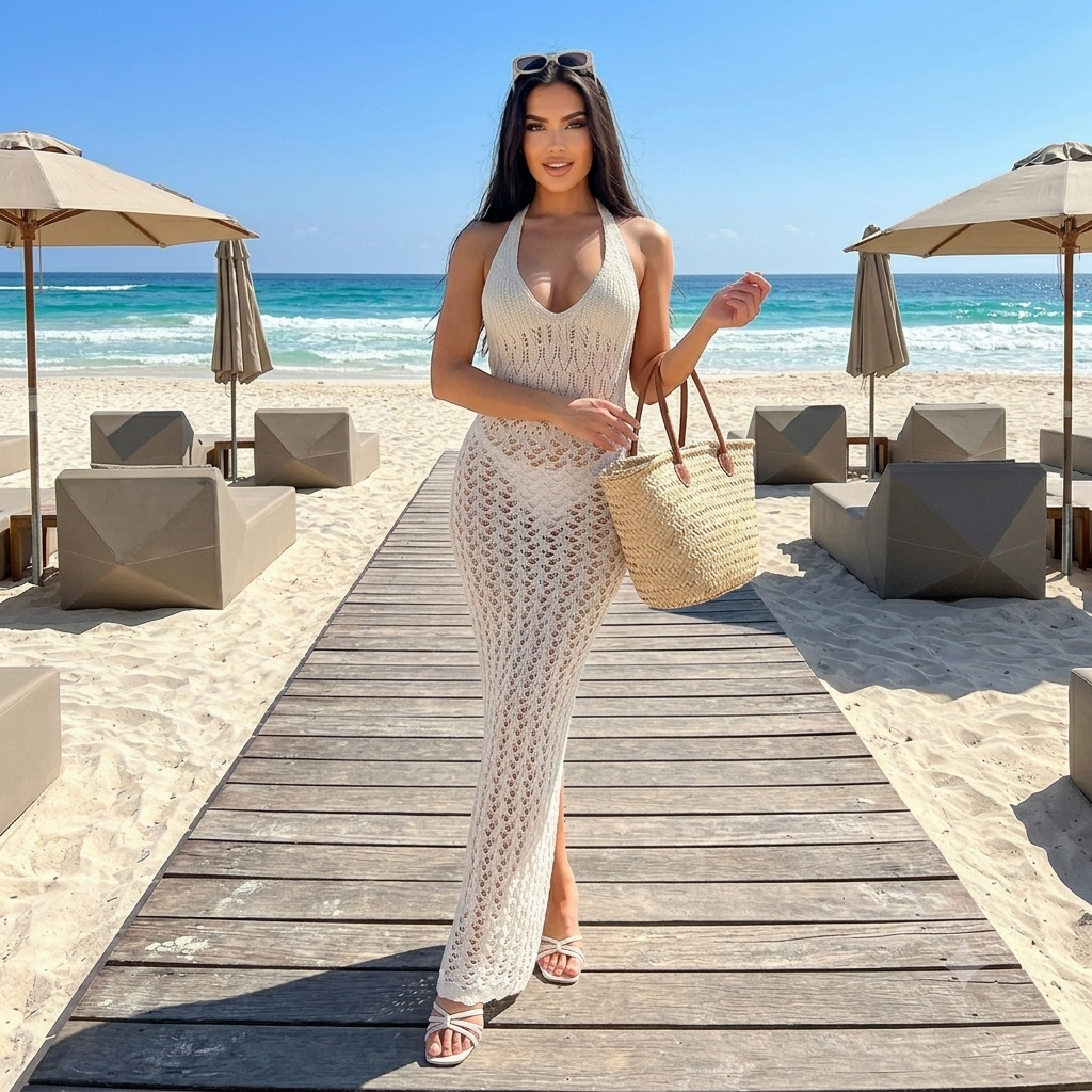 Copricostume da donna, con scollo ad aletta, senza schienale, effetto aderente, adatto per l'estate e la spiaggia