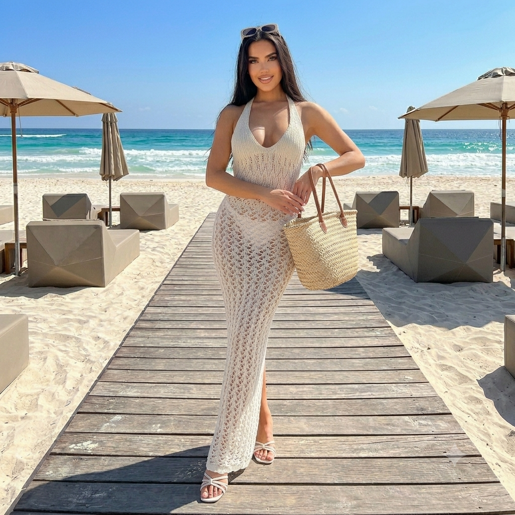 Copricostume da donna, con scollo ad aletta, senza schienale, effetto aderente, adatto per l'estate e la spiaggia