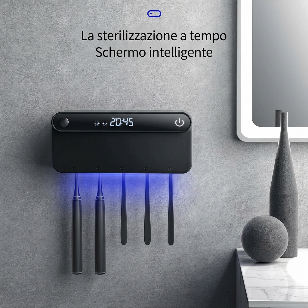 Portaspazzolino Smart con Sterilizzatore UV e Dispenser di Dentifricio.
