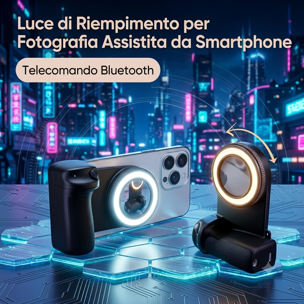 Impugnatura Magnetica per Smartphone con Bluetooth, Maniglia per Selfie, Stabilizzatore e Luce di Riempimento per iPhone/Android