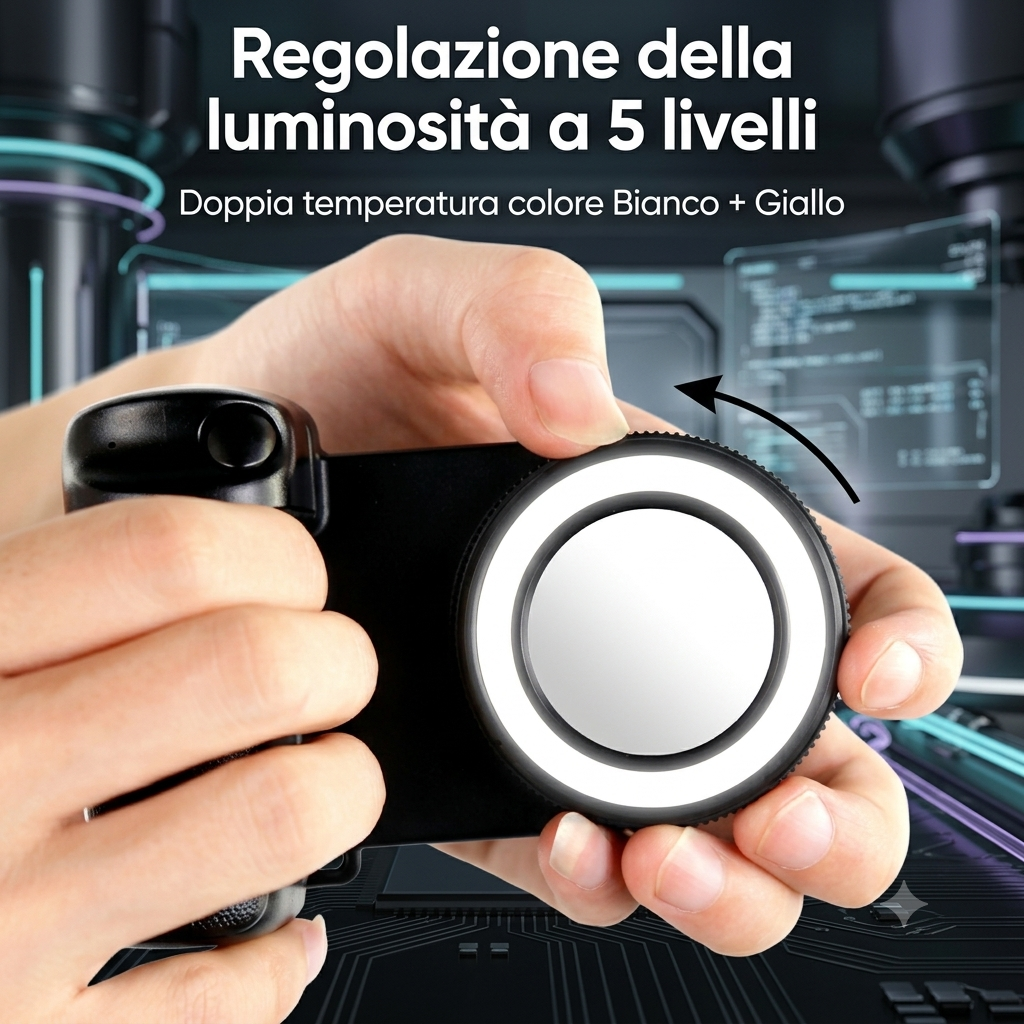 Impugnatura Magnetica per Smartphone con Bluetooth, Maniglia per Selfie, Stabilizzatore e Luce di Riempimento per iPhone/Android
