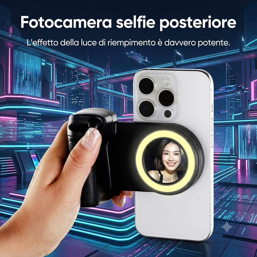 Impugnatura Magnetica per Smartphone con Bluetooth, Maniglia per Selfie, Stabilizzatore e Luce di Riempimento per iPhone/Android