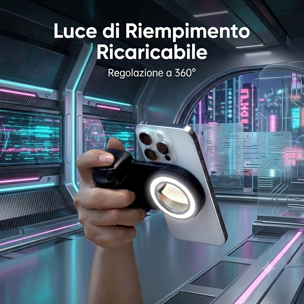 Impugnatura Magnetica per Smartphone con Bluetooth, Maniglia per Selfie, Stabilizzatore e Luce di Riempimento per iPhone/Android