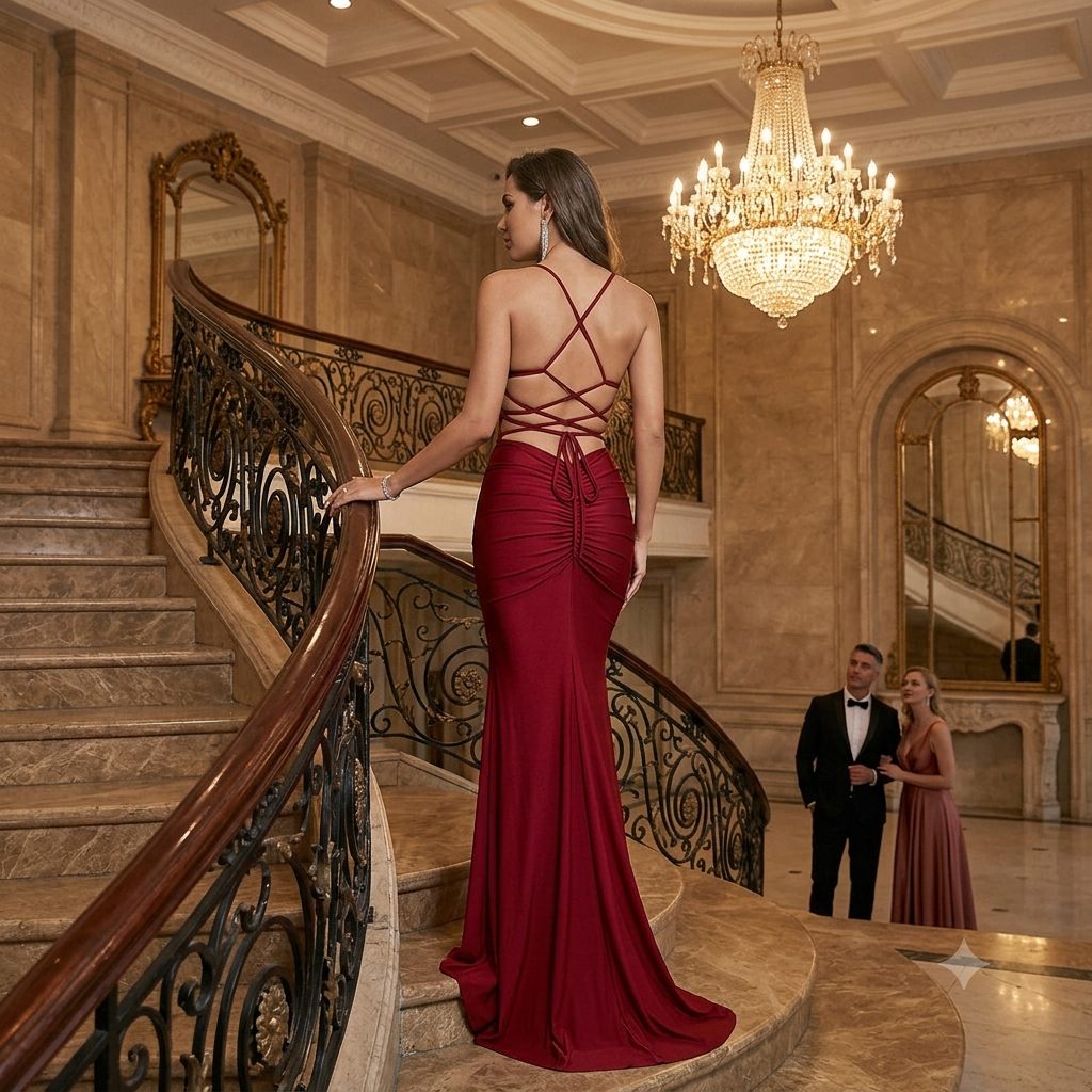 Abito lungo elegante con vita alta patch in paillettes e schiena scoperta