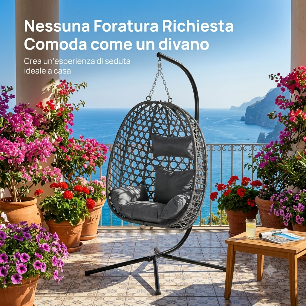Sedia a uovo sospesa con cuscino e poggiatesta,  a dondolo con supporto per interni, esterni, giardino, balcone
