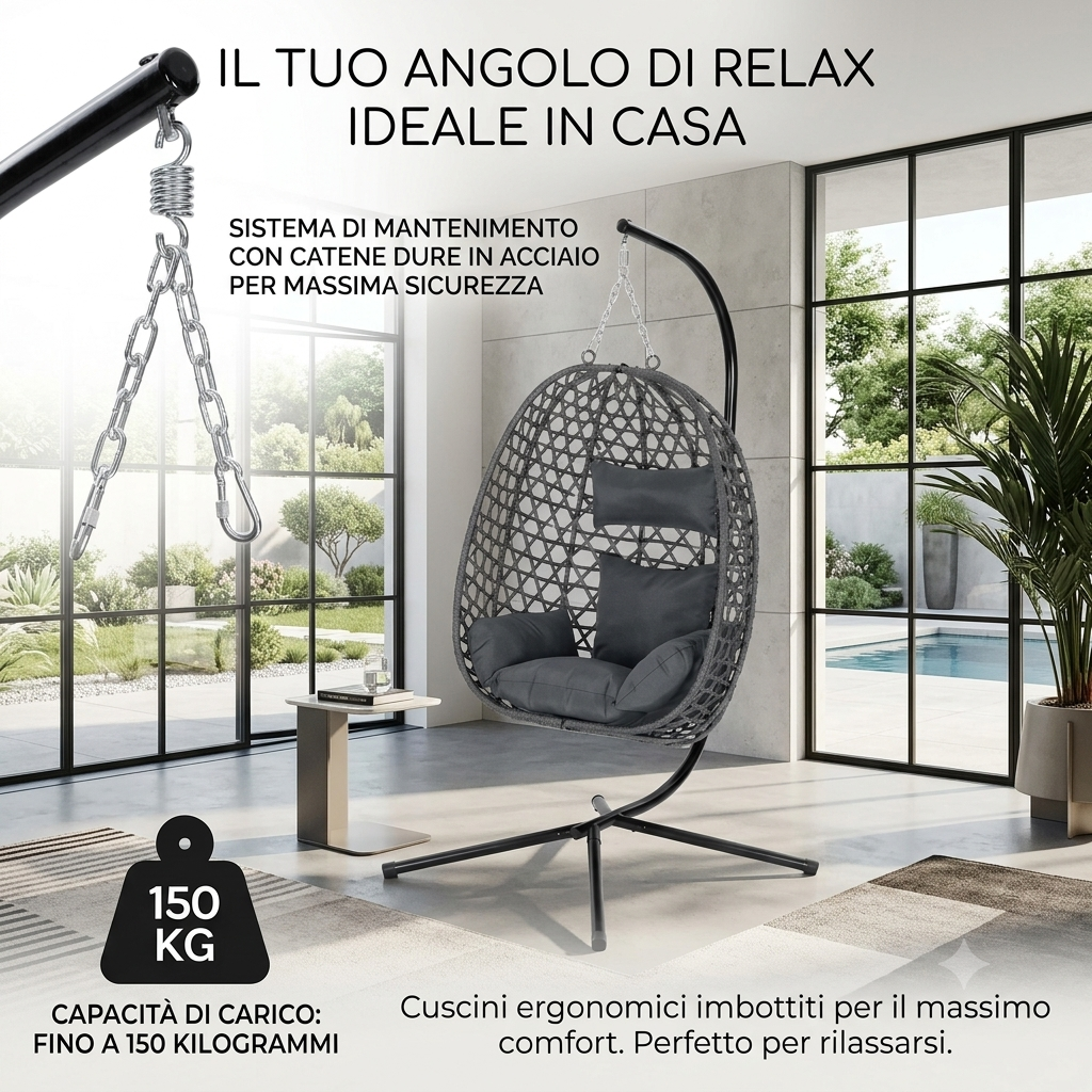 Sedia a uovo sospesa con cuscino e poggiatesta,  a dondolo con supporto per interni, esterni, giardino, balcone