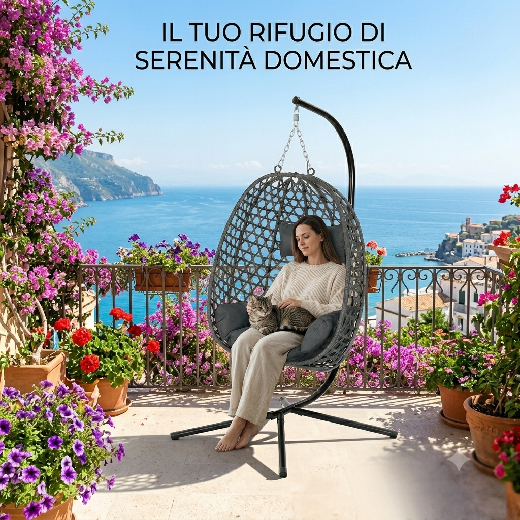 Sedia a uovo sospesa con cuscino e poggiatesta,  a dondolo con supporto per interni, esterni, giardino, balcone