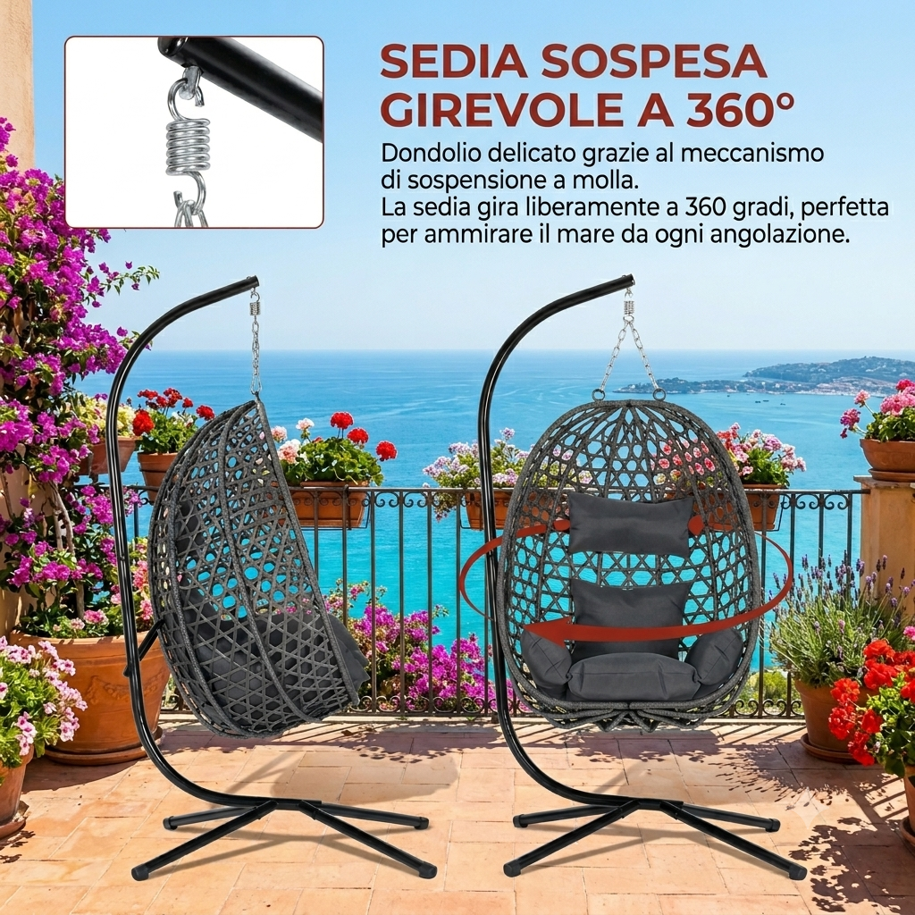 Sedia a uovo sospesa con cuscino e poggiatesta,  a dondolo con supporto per interni, esterni, giardino, balcone