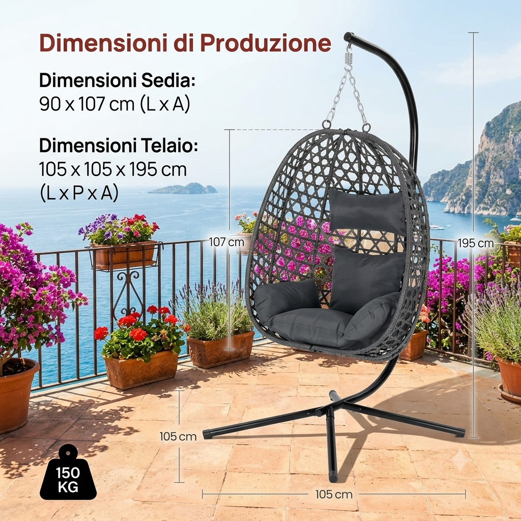 Sedia a uovo sospesa con cuscino e poggiatesta,  a dondolo con supporto per interni, esterni, giardino, balcone