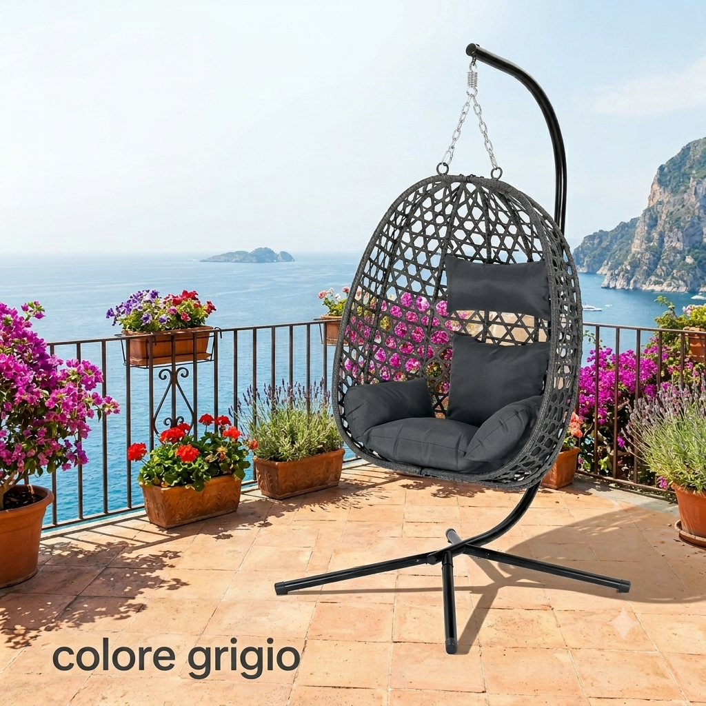 Sedia a uovo sospesa con cuscino e poggiatesta,  a dondolo con supporto per interni, esterni, giardino, balcone