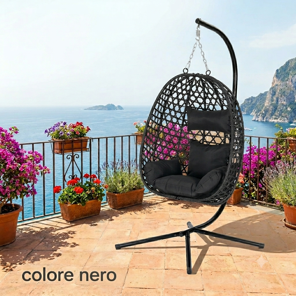 Sedia a uovo sospesa con cuscino e poggiatesta,  a dondolo con supporto per interni, esterni, giardino, balcone