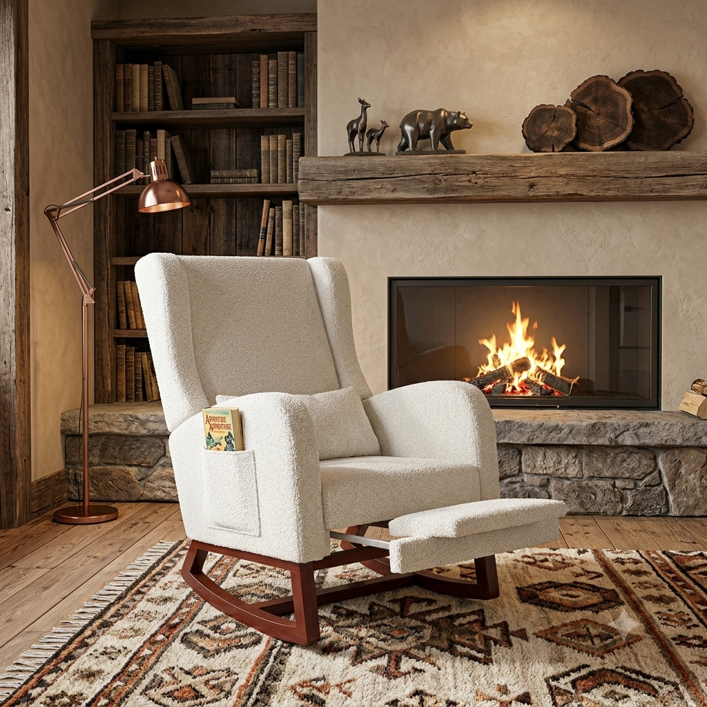 Poltrona a dondolo, con poggiapiedi, tessuto Teddy colore Beige