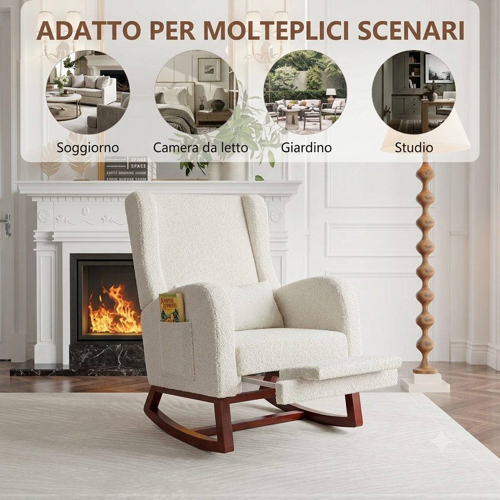 Poltrona a dondolo, con poggiapiedi, tessuto Teddy colore Beige