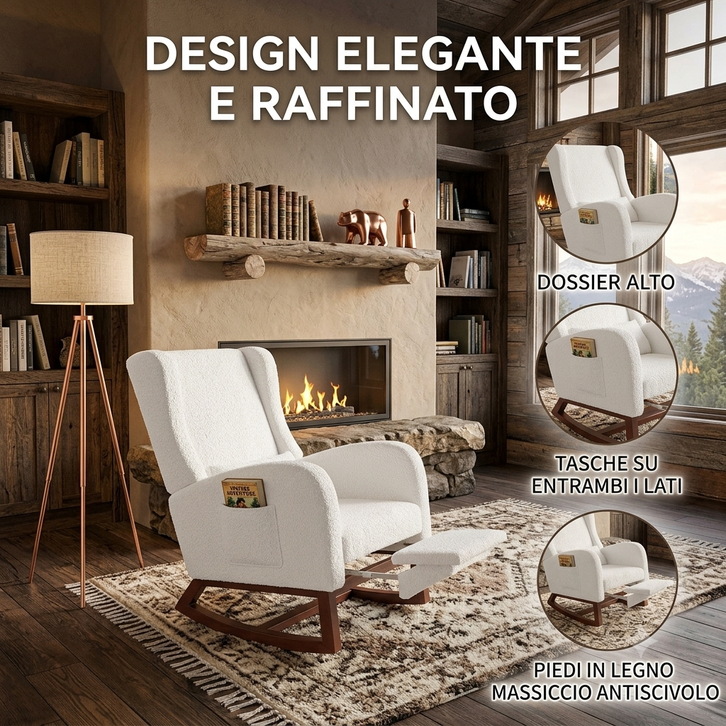 Poltrona a dondolo, con poggiapiedi, tessuto Teddy colore Beige