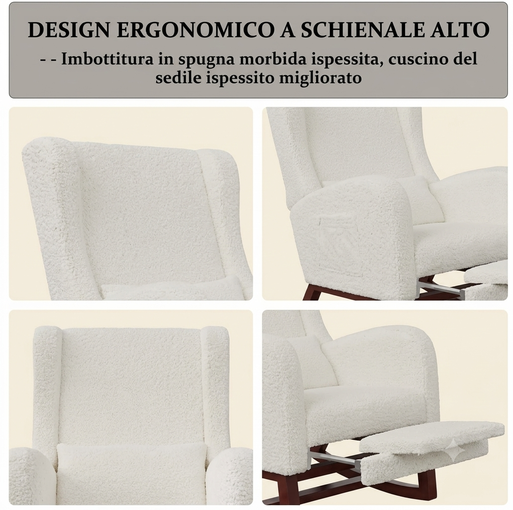 Poltrona a dondolo, con poggiapiedi, tessuto Teddy colore Beige