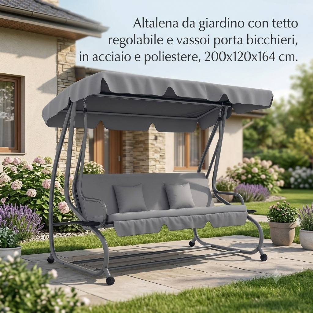 Altalena da giardino con tetto regolabile e vassoi porta bicchieri, in acciaio e poliestere, 200x120x164 cm.