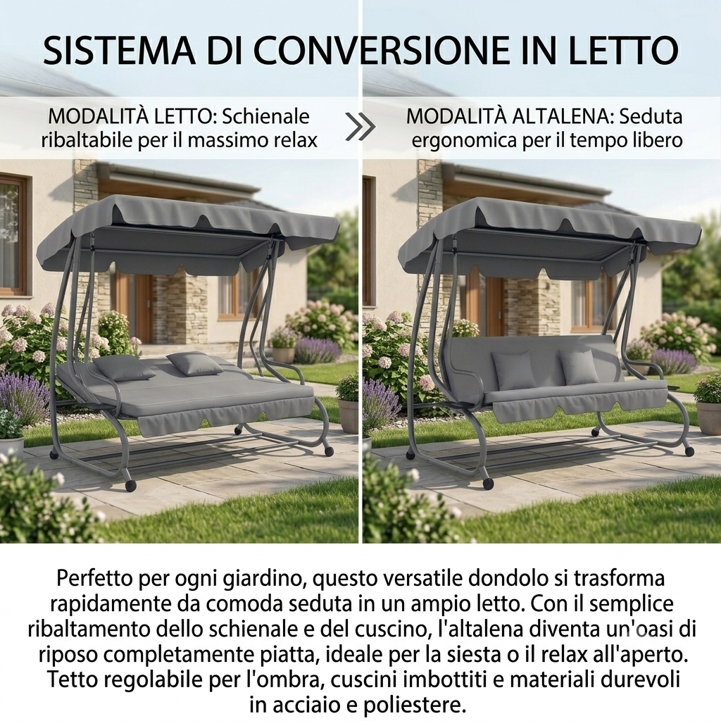 Altalena da giardino con tetto regolabile e vassoi porta bicchieri, in acciaio e poliestere, 200x120x164 cm.