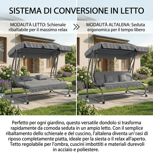 Altalena da giardino con tetto regolabile e vassoi porta bicchieri, in acciaio e poliestere, 200x120x164 cm.