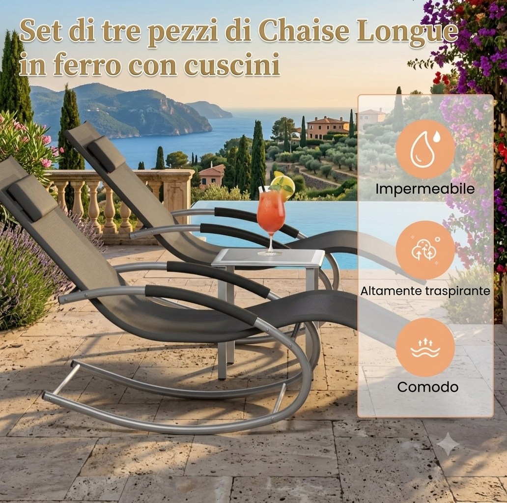 Due lettini a dondolo Realizzati in tessuto ad asciugatura rapida e struttura in ferro, ideali per piscina, patio, spiaggia o giardino