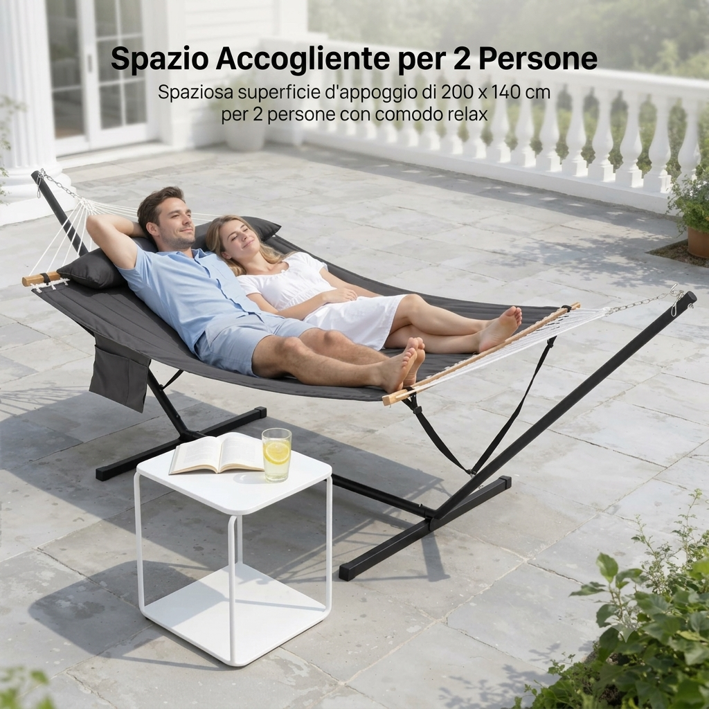 Amaca da giardino con struttura autoportante, con tasca laterale e cuscino per 2 persone, ideale per patio o balcone.