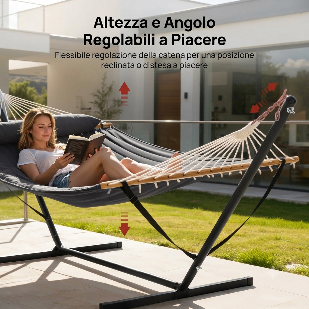 Amaca da giardino con struttura autoportante, con tasca laterale e cuscino per 2 persone, ideale per patio o balcone.