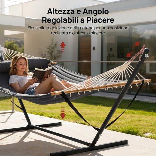 Amaca da giardino con struttura autoportante, con tasca laterale e cuscino per 2 persone, ideale per patio o balcone.