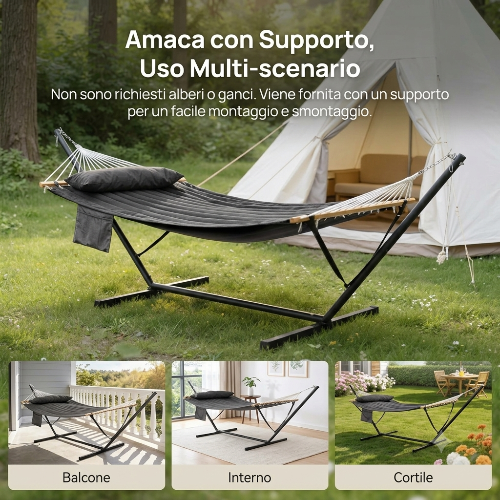 Amaca da giardino con struttura autoportante, con tasca laterale e cuscino per 2 persone, ideale per patio o balcone.