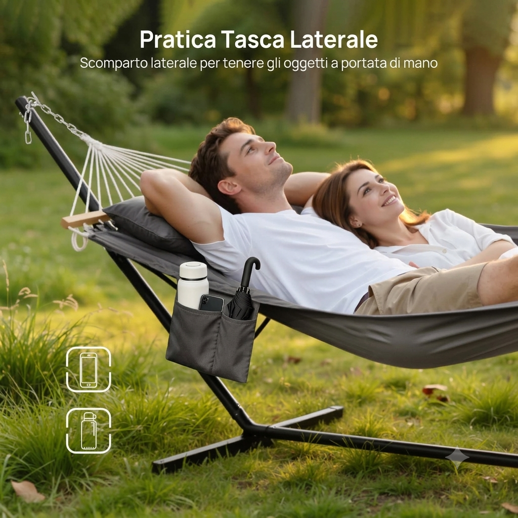Amaca da giardino con struttura autoportante, con tasca laterale e cuscino per 2 persone, ideale per patio o balcone.