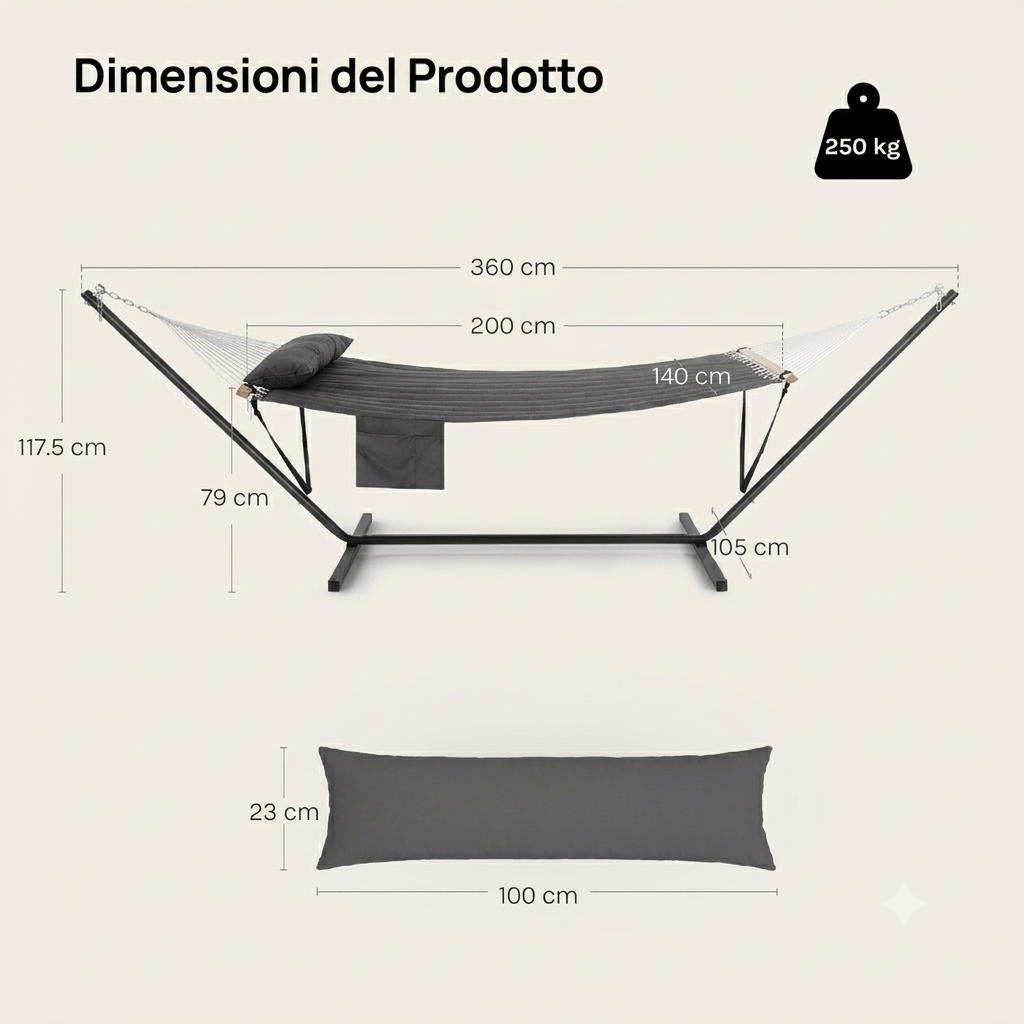 Amaca da giardino con struttura autoportante, con tasca laterale e cuscino per 2 persone, ideale per patio o balcone.