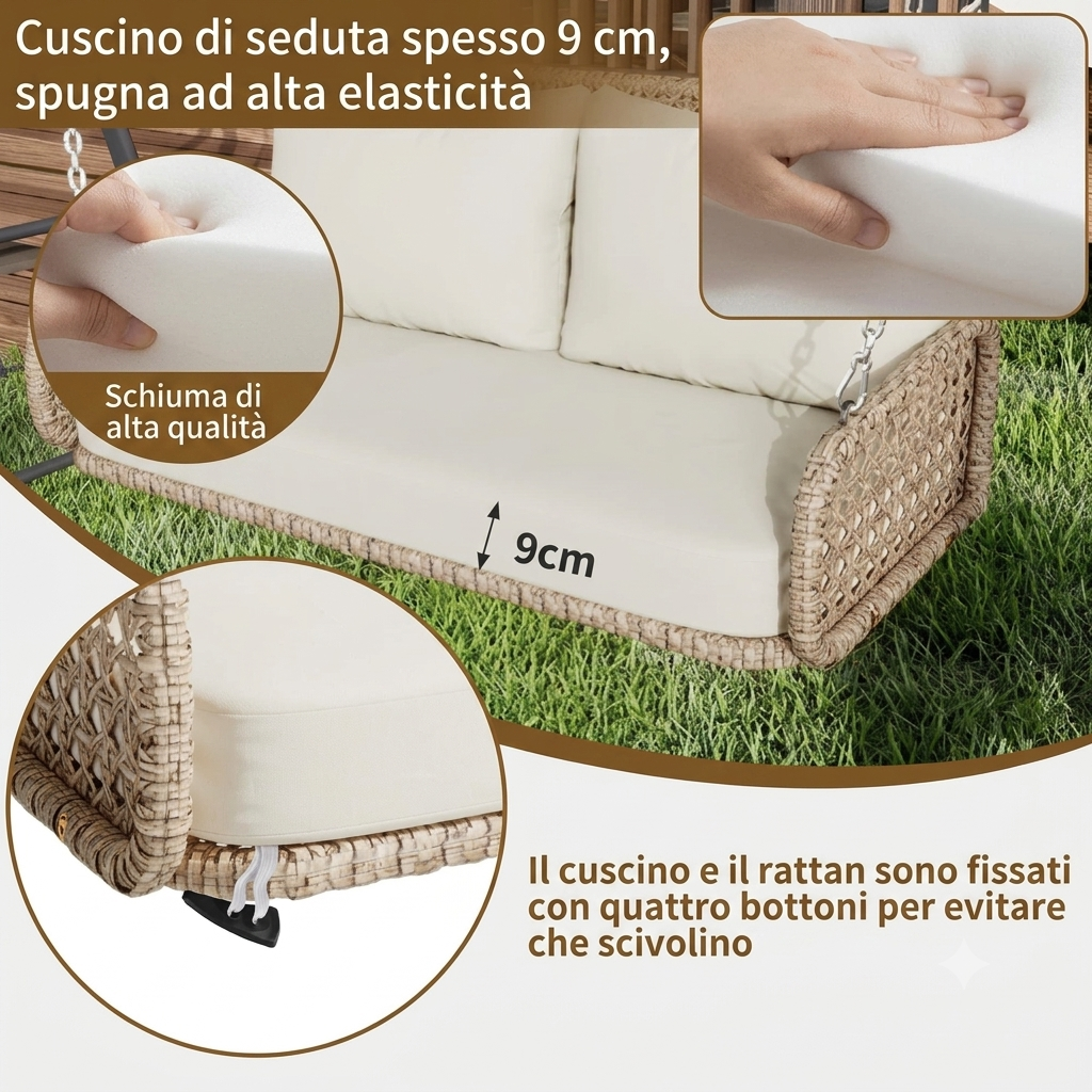 Altalena a dondolo sospesa matrimoniale  per giardino esterno, patio o balcone con catene da 240 cm e cuscino imbottito sfoderabile e lavabile.
